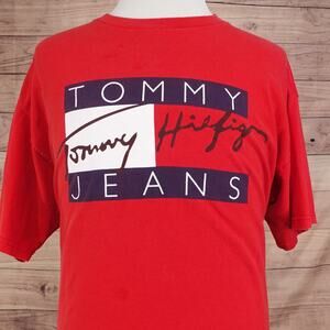 Vintage Tommy Jeans Shirt Mens XL Red Flag Logo Graphic Made USA Hilfiger 90s